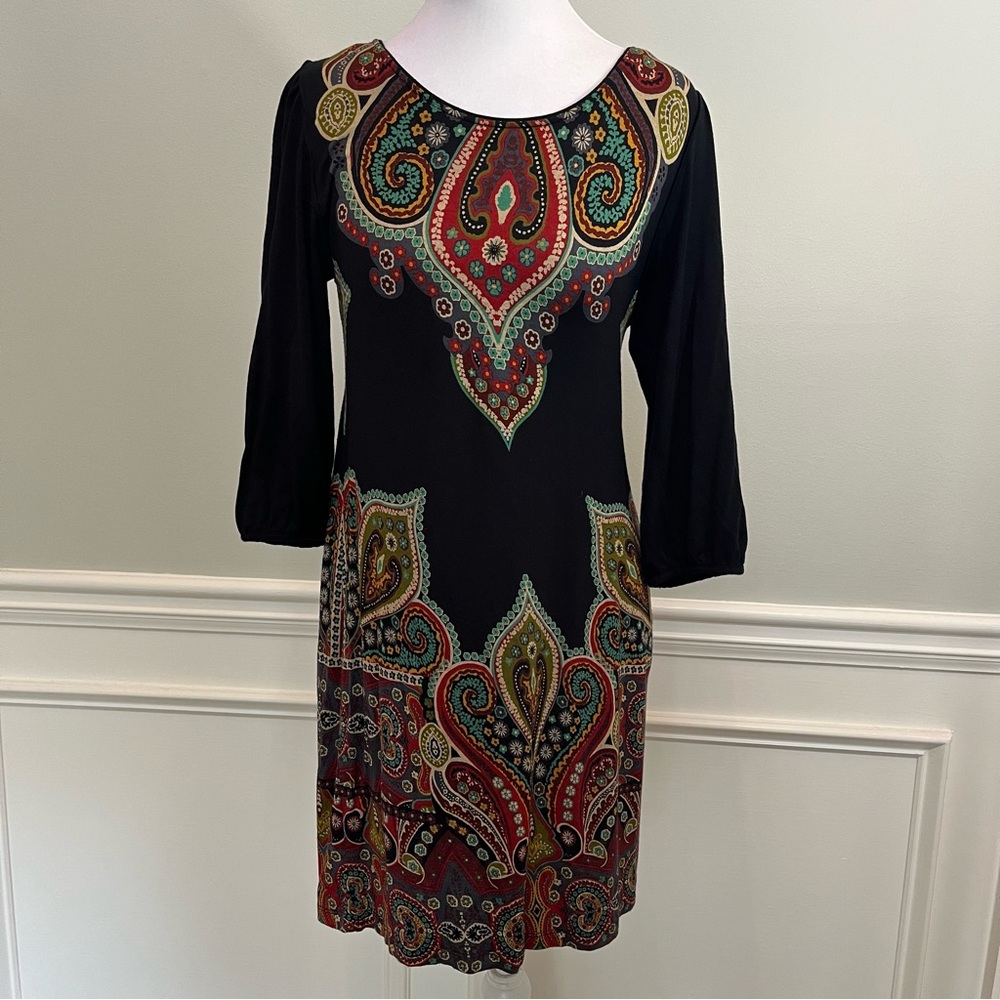 Cha Cha Vente Rayon Black Dress with Vibrant Paisley Size S